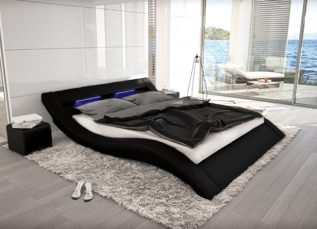 Wellenförmiges Lederbett Luxus Leder Bett Schwarz Weiß Mit Led von Bett Mit Led Beleuchtung 160X200 Photo