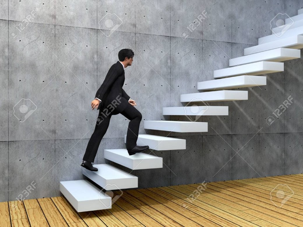 Konzeptionelle Geschäftsmann Klettern Eine Treppe Über Eine Wand Und von Treppe An Der Wand Bild