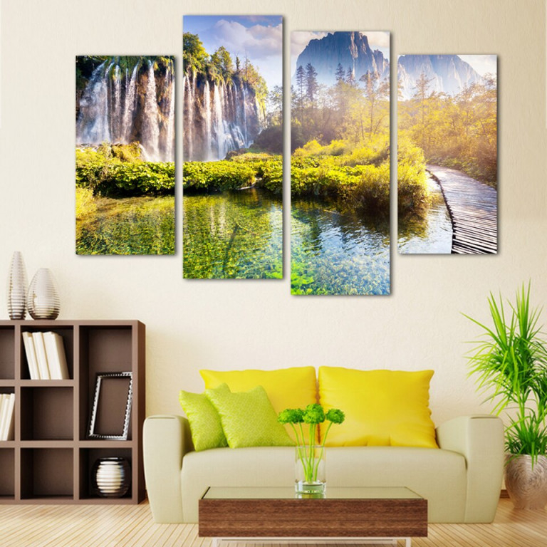 4 Панели Kostenloser Versand Ланд Wasserfall Gedruckt Auf von Dekorative Bilder Wohnzimmer Photo