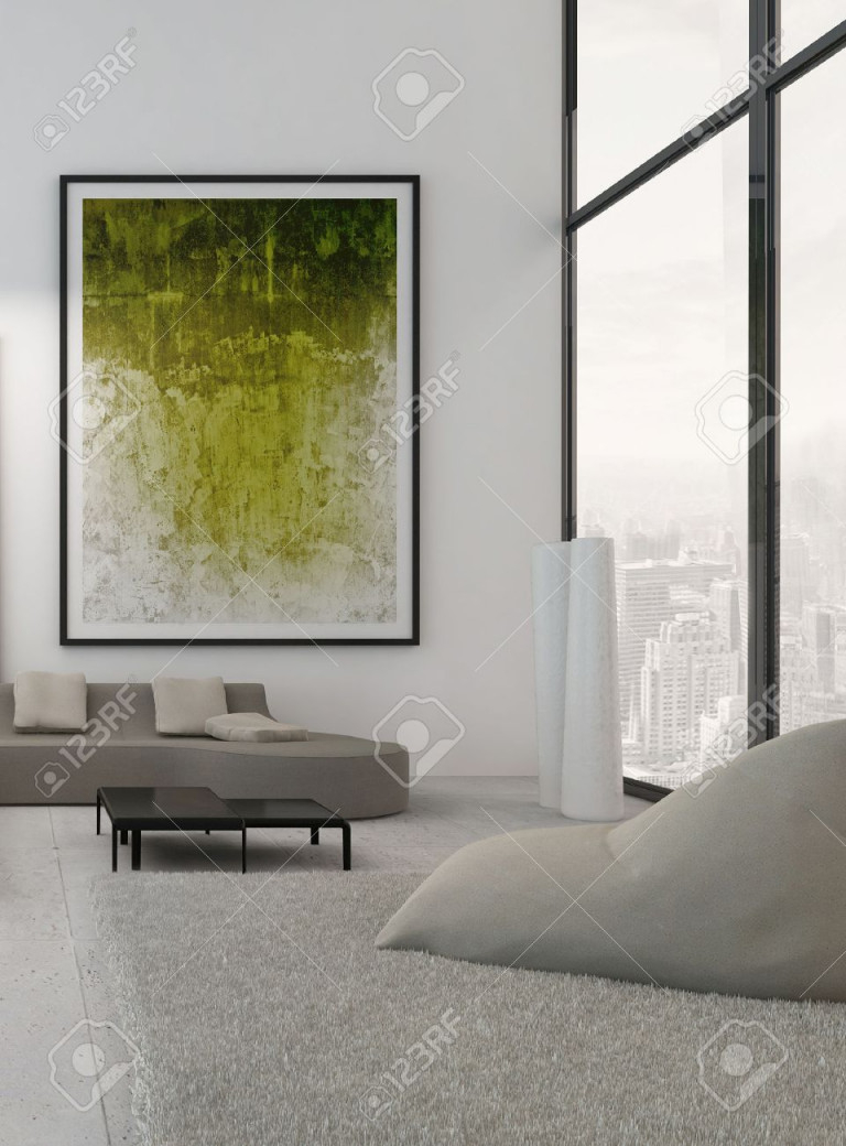 Moderne Wohnzimmer Interieur Mit Grünen Gemälde An Der Wand von Moderne Gemälde Wohnzimmer Bild