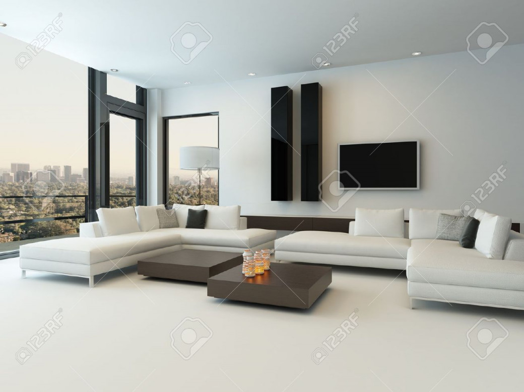 Modernes Design Sonnigen Wohnzimmer Interieur Mit Weißen Sofa von Moderne Design Wohnzimmer Bild