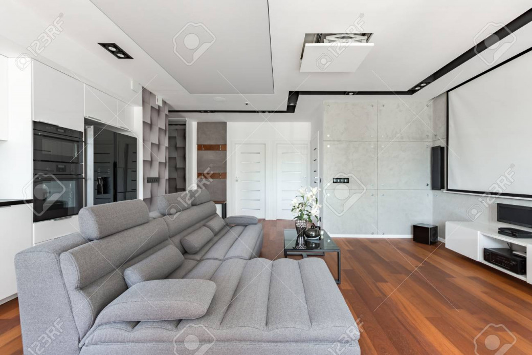 Modernes Wohnzimmer Mit Leinwand Sofa Und Küchenzeile von Modernes Wohnzimmer Bilder Photo